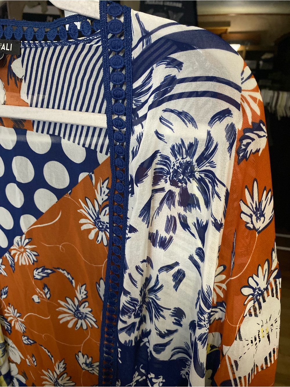 Roz & Ali Patchwork Floral & Polka Dot Kimono — Navy, Rust, White & Yellow - Picture 2 of 3